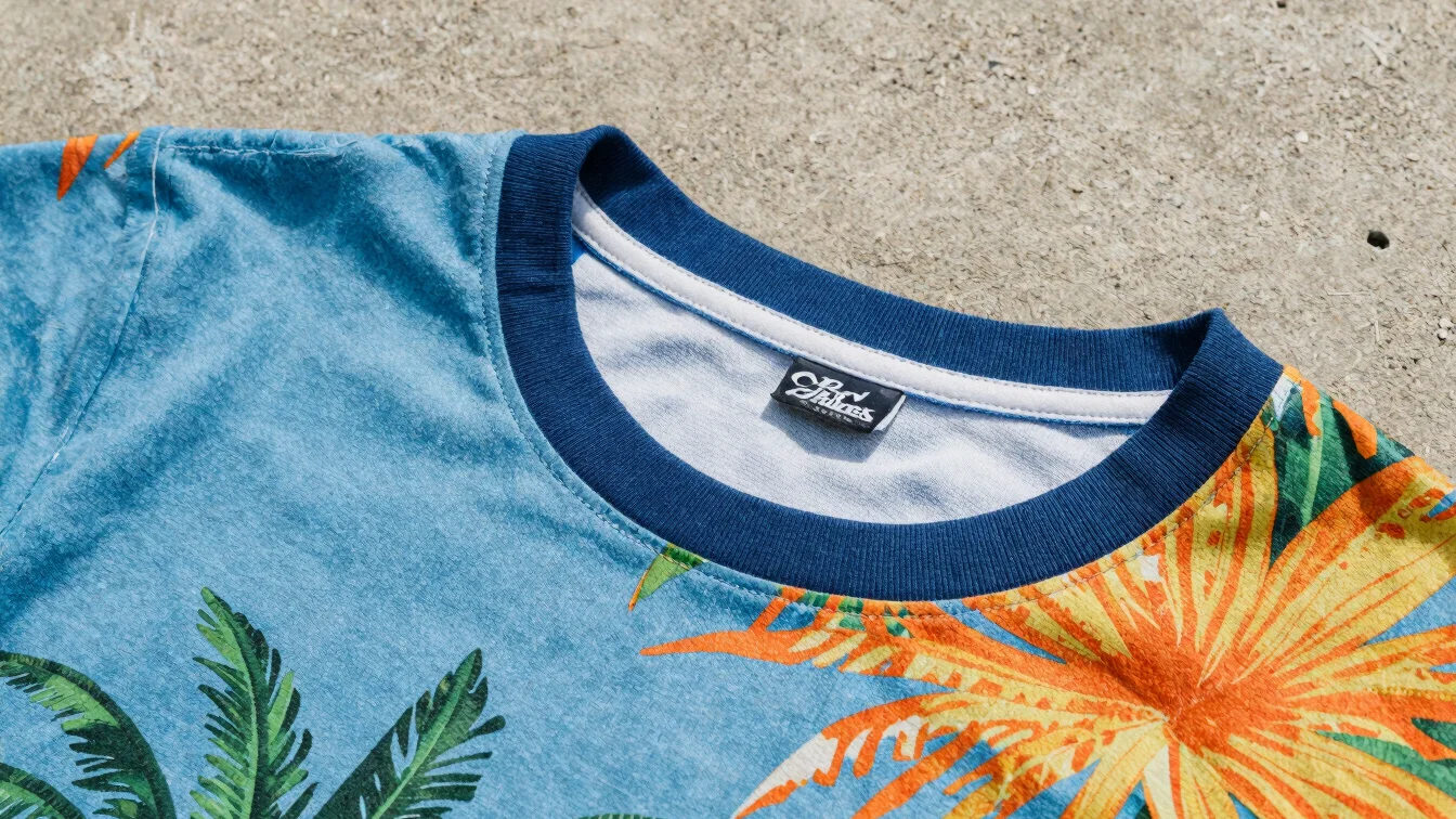 Close-up of a vivid distro cotton t-shirt fabric texture and neckline detail, soft tropical daylight, neutral concrete b