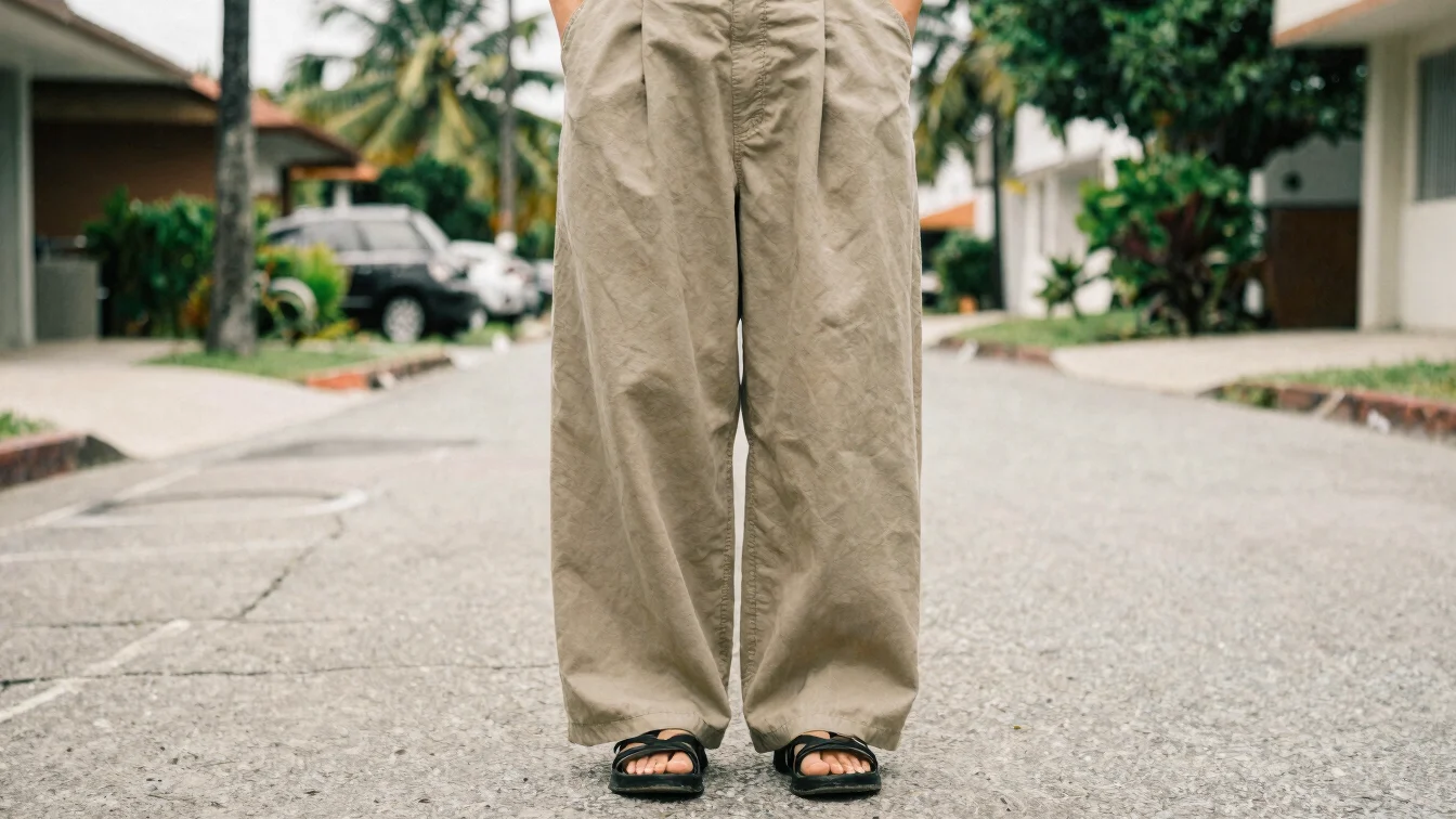 Detail shot of relaxed wide-leg trousers fabric and stitching on a neighborhood street, soft tropical daylight, neutral