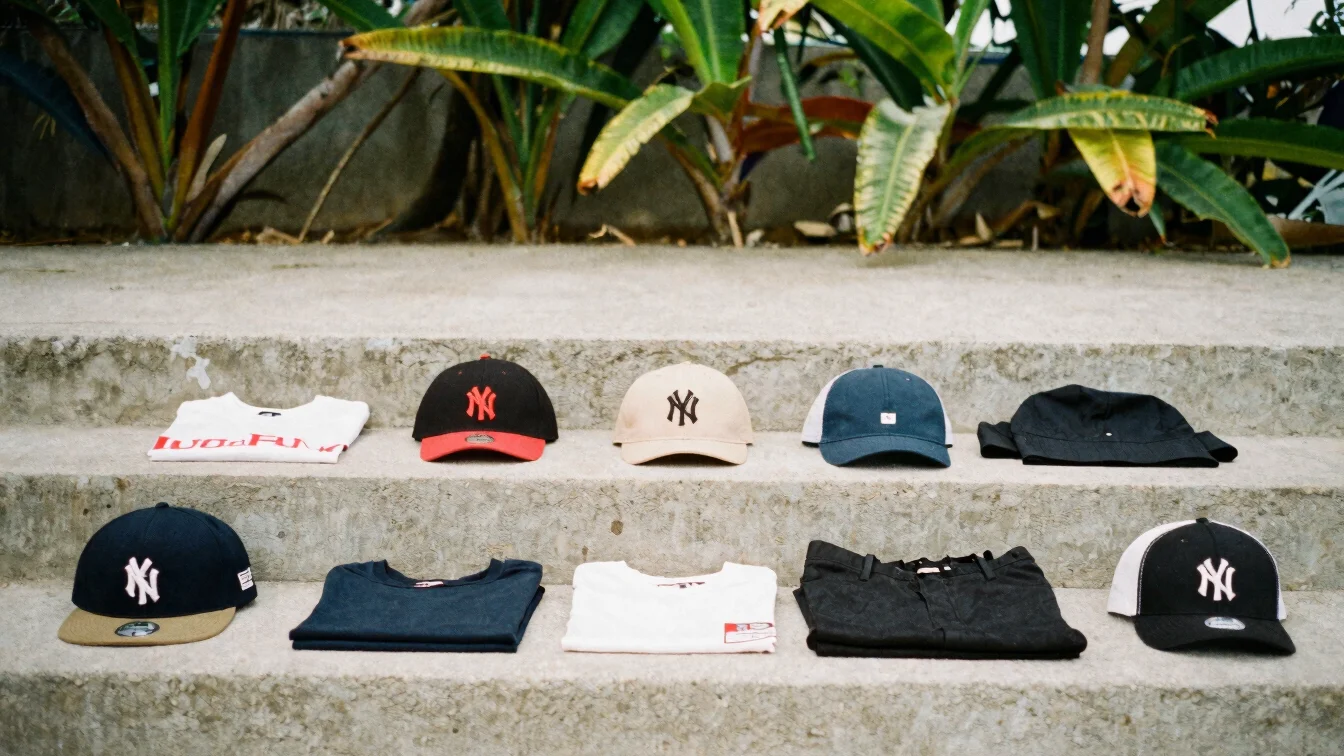 Casual accessories and layered streetwear pieces laid on a concrete step, tropical plants in soft background, soft dayli
