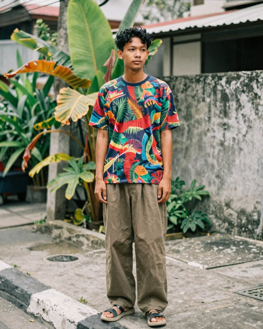 Streetwear editorial photograph of a young Indonesian man in a vi